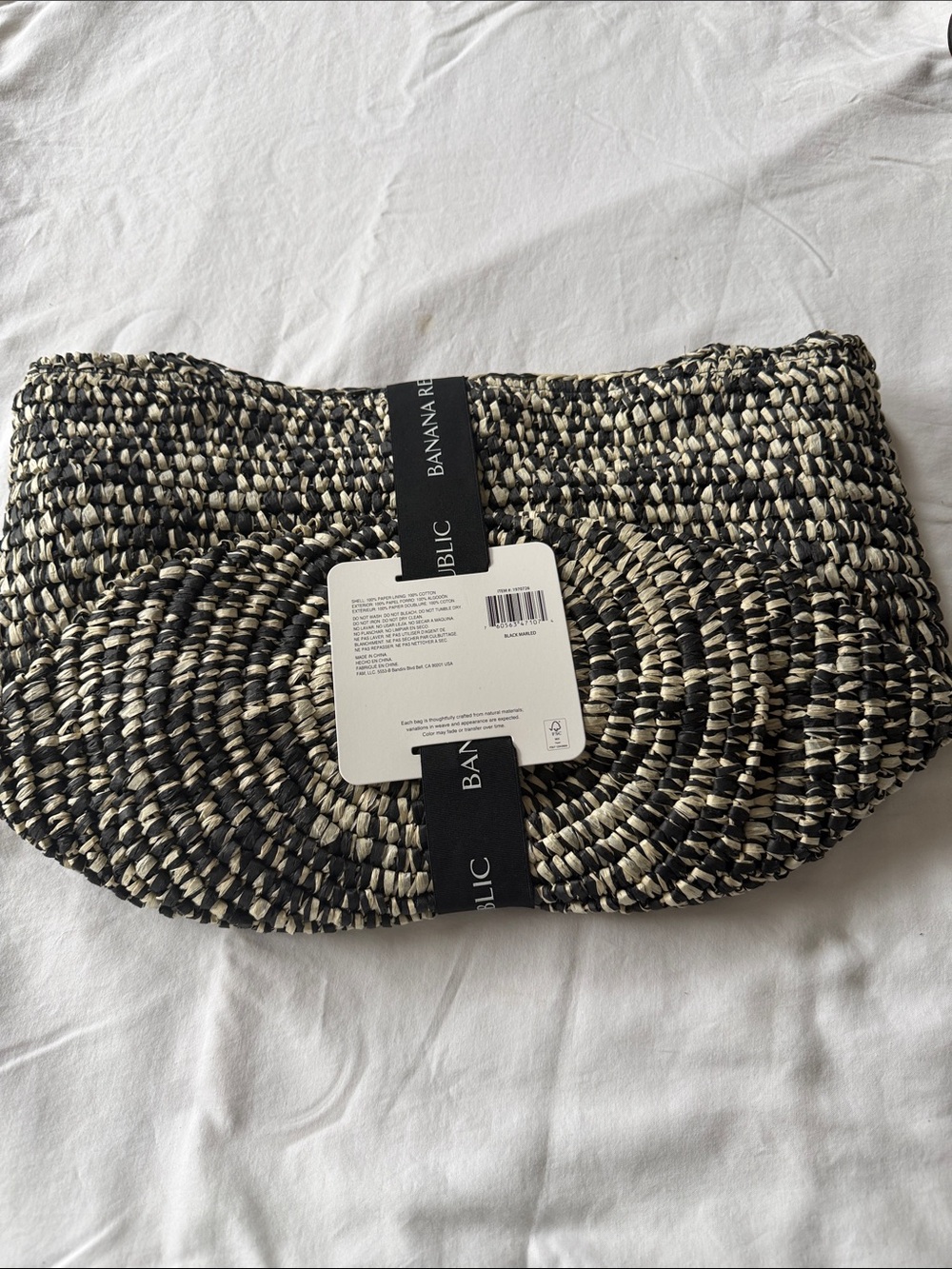 Banana Republic Black & Cream Woven Straw Half-Moon Clutch